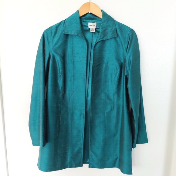 Chico's 100% Silk Teal Turquoise Jacket Topper - Size 4 (Chico's Size 0) - Picture 7 of 7